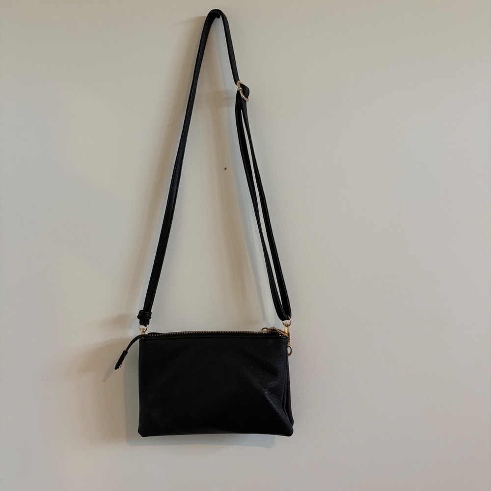 Black Faux Leather Triple Zip Crossbody Bag Gold Hardware Chevron Lining